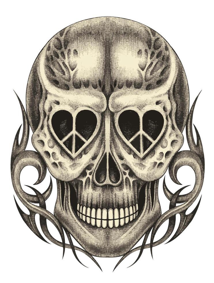 Skull tattoo fancy love peace design by hand drawing on paper and make graphic . vector