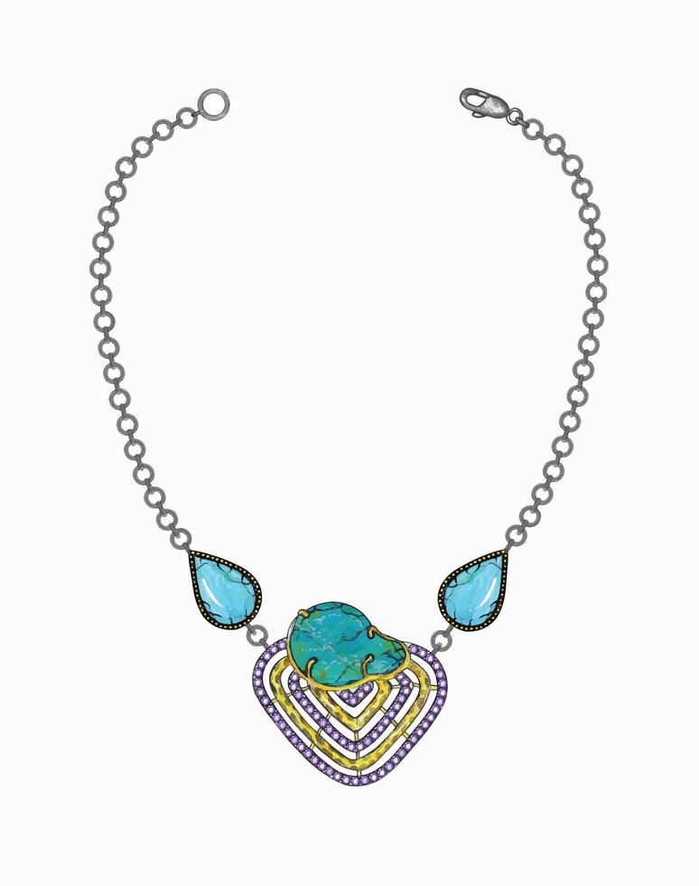 Necklace jewelry design set with gems and turqouise hand drawing make graphic . vector