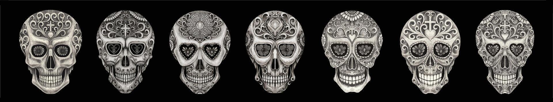 Fancy art skull banner pattern for day of the dead hand drawing and make graphic . vector
