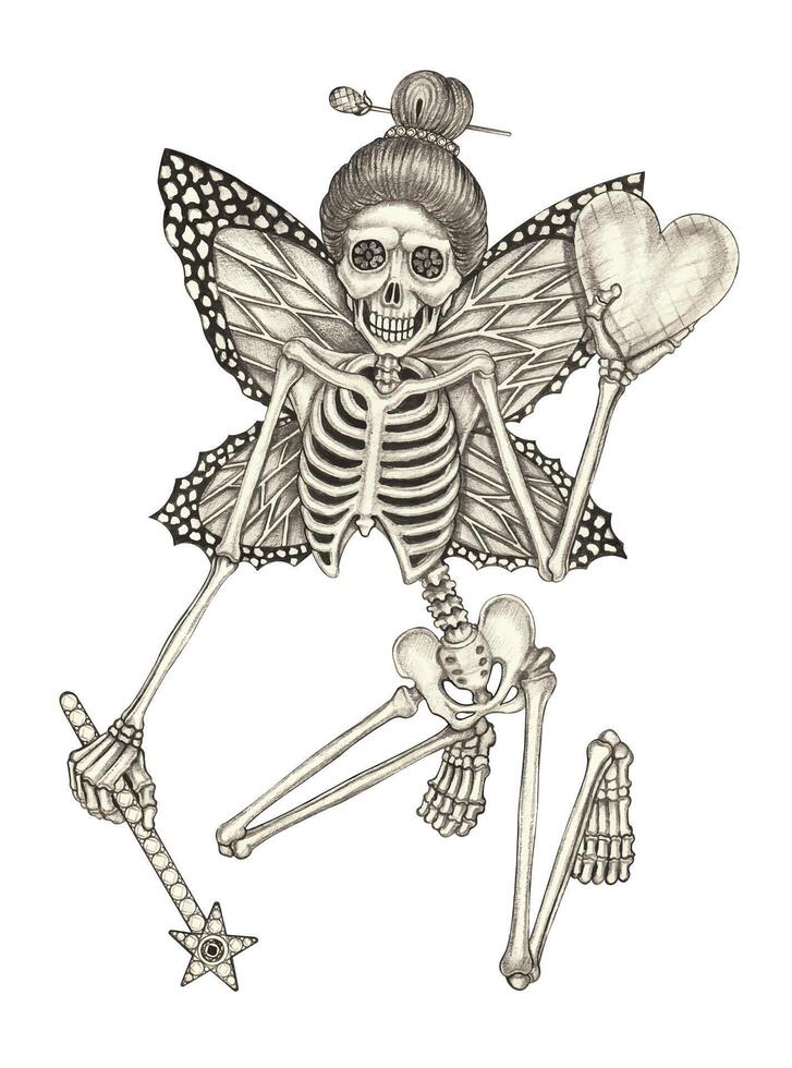 Fairy skull fantasy art design by hand drawing on paper and make graphic . vector