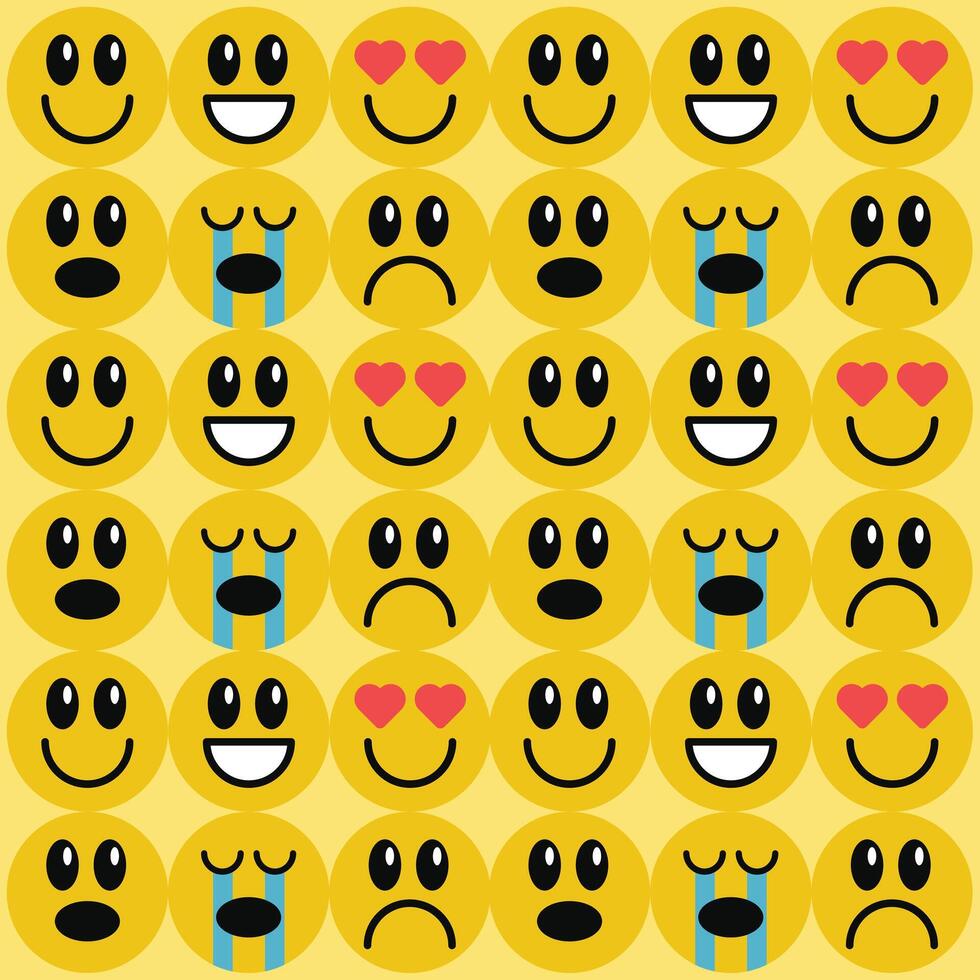 Round faces with different emotions. Seamless background with various colorful characters. cartoon style. flat design. Set of emoticons for print, paper, fabric. vector