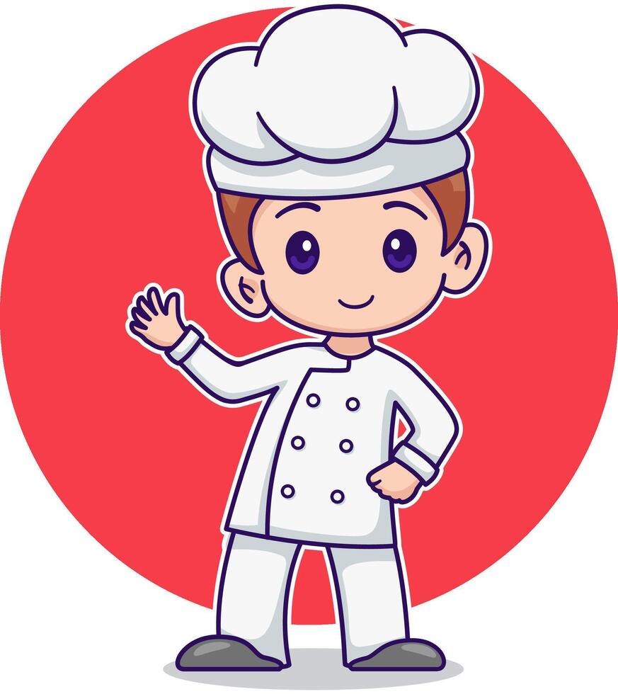 Cartoon Happy Cute Little Kid Boy Wearing White Chef Uniform Waving Hand vector