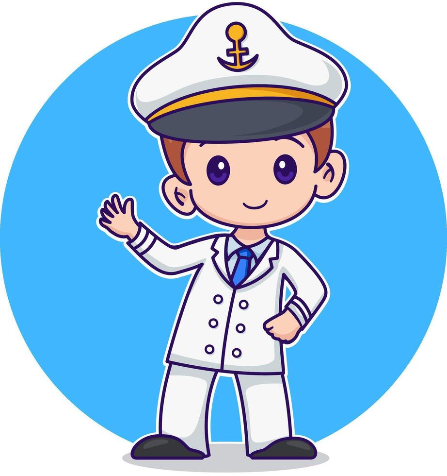 Cartoon Happy Cute Little Kid Boy Wearing White Ship Captain Uniform Waving Hand vector