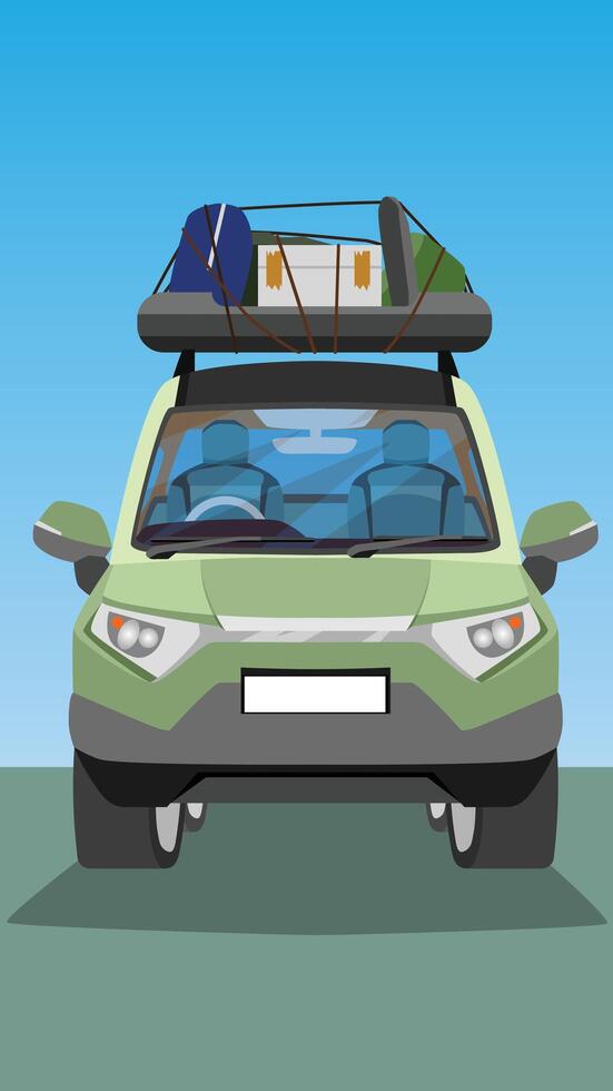 Vertical of or Illustration of a green car. Can see interior of car. Family car for travel with rack on top roof and Luggage. Background two tone of green and blue. vector