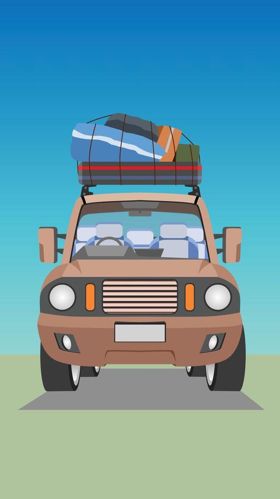Vertical of or Illustration of a brown car. Can see interior of car. Family car for travel with rack on top roof and Luggage. Background two tone of green and blue. vector