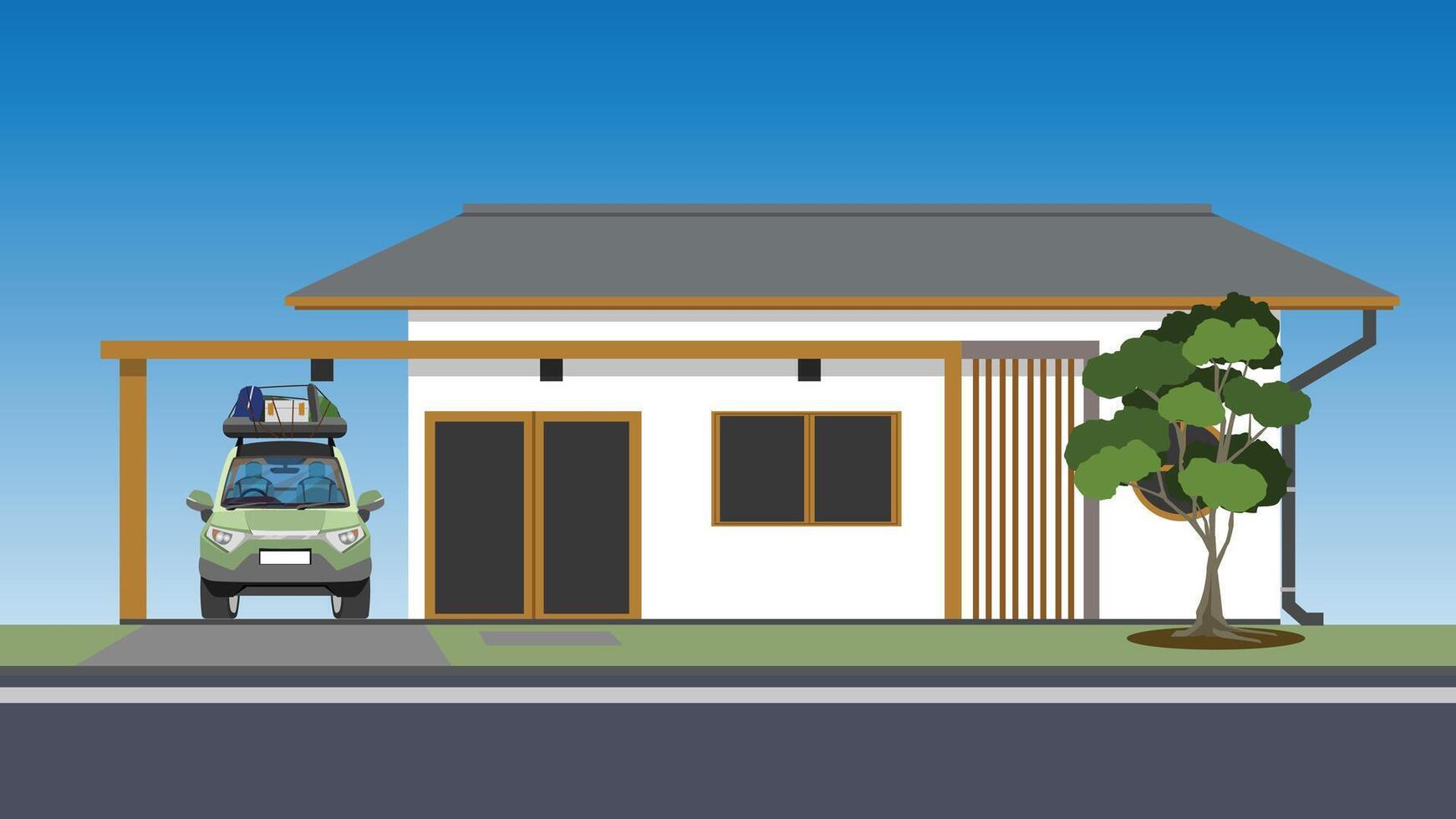 or illustration of a private minimal house with a garage and a travel car. Background of tree front of house. Background of blue sky. Front gound of asphalt road. vector