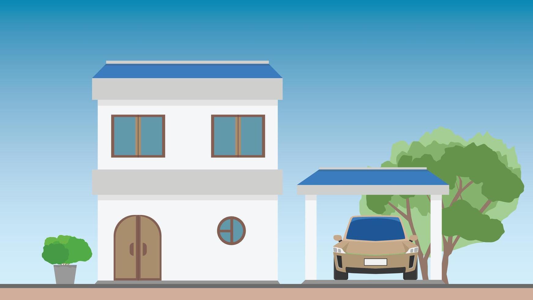or illustration of a private minimal house with a garage and a car. Background of pot tree and big tree backside of garage. Background of gradient blue sky. vector