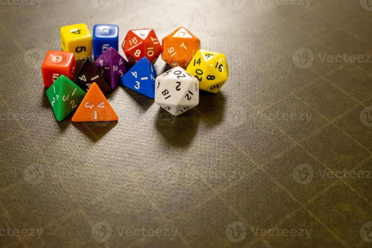 Set of dice for fantasy dnd and rpg tabletop games Board game polyhedral dices with different sides photo
