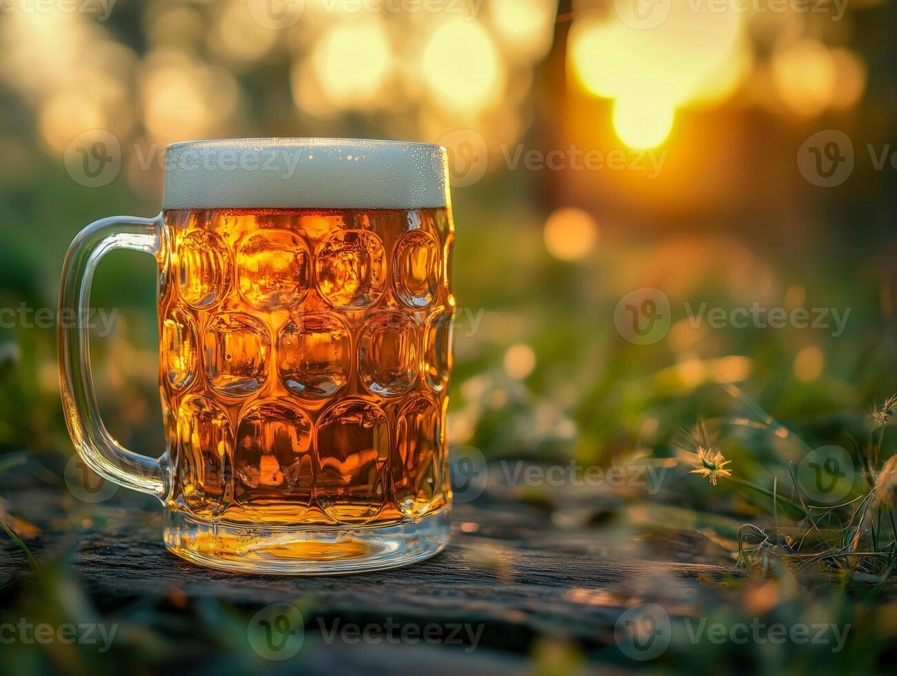 A beer mug on a wooden table with the sun setting behind it photo