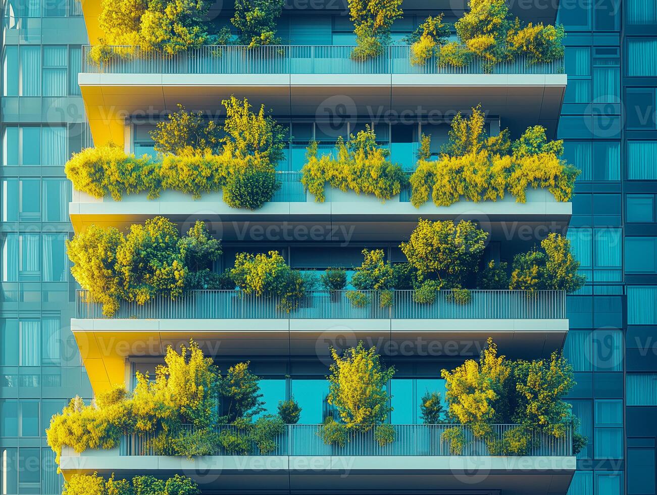 A building with plants growing on the balconies photo
