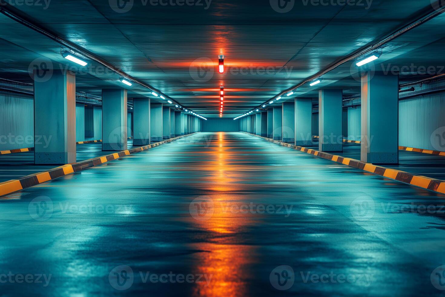 A long empty parking garage with yellow lights photo