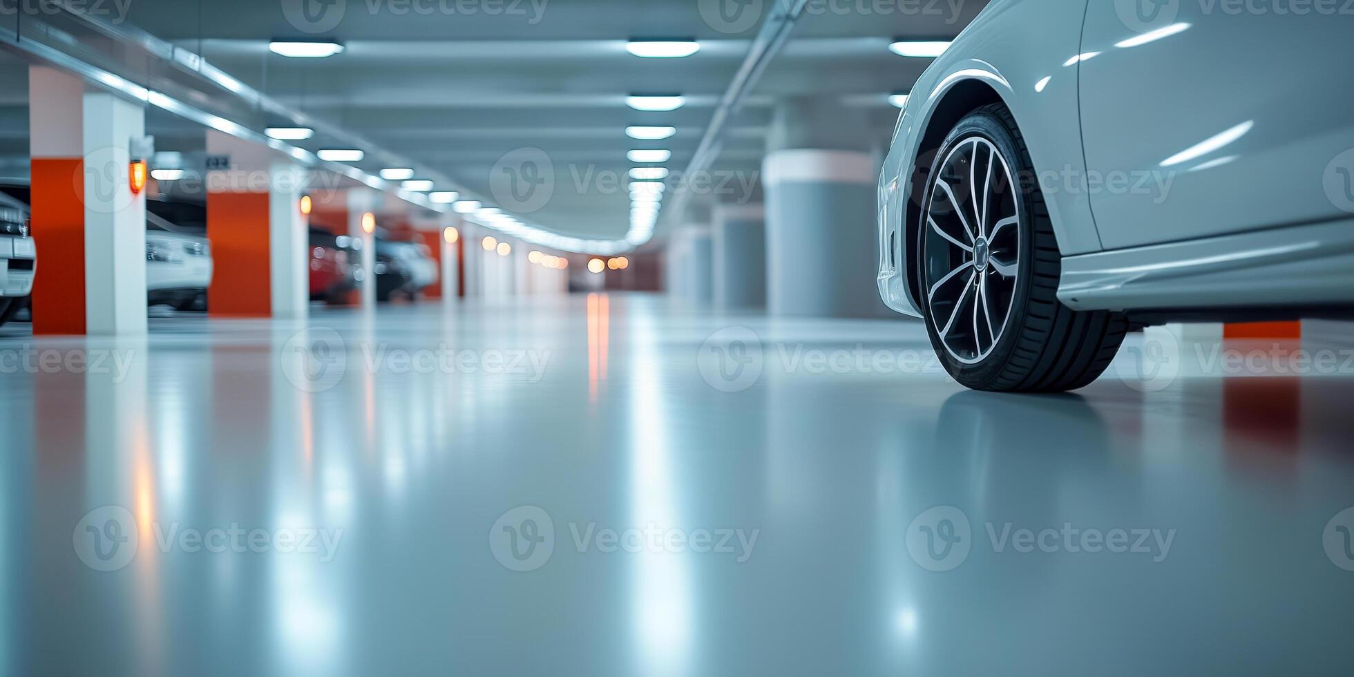 A car is parked in a parking garage photo
