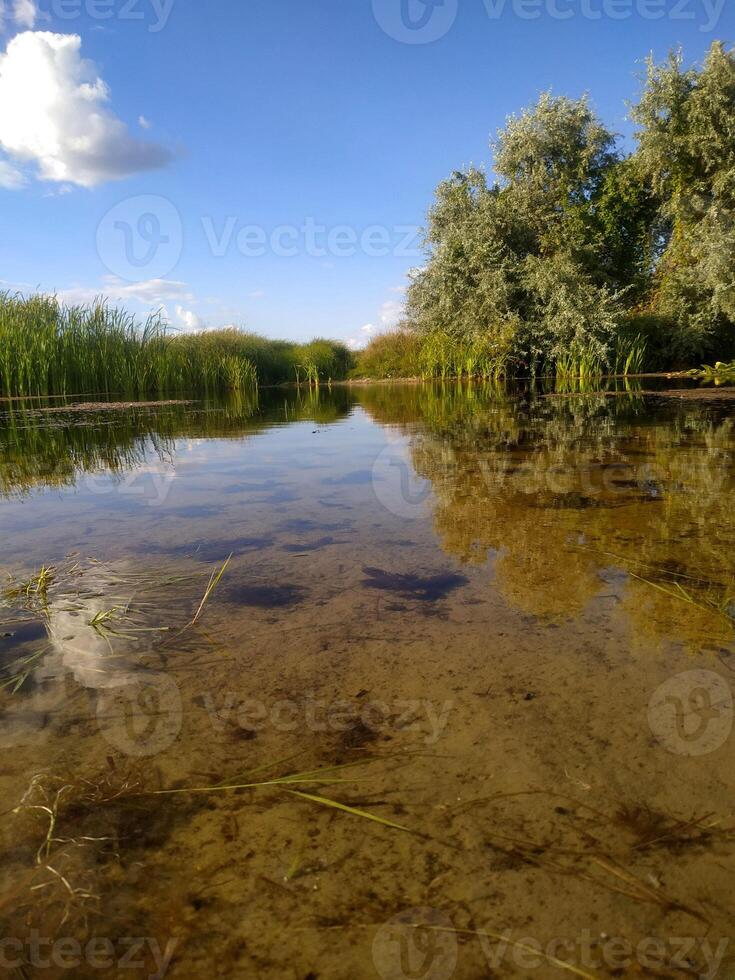 Reflections of a serene river under a vibrant sky amidst lush greenery on a tranquil afternoon photo