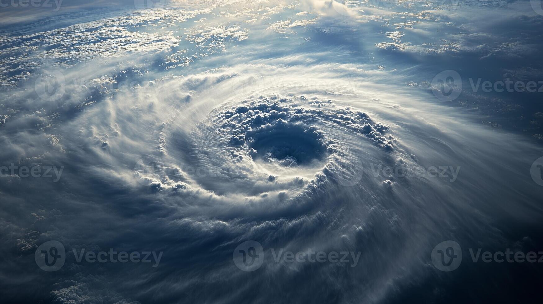 Aerial view of a powerful swirling hurricane with dramatic clouds and intense atmospheric motion photo
