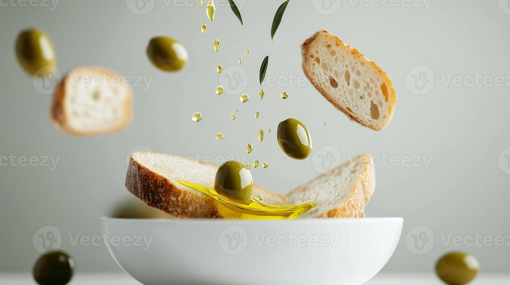 Floating olives and bread slices with olive oil splashing in a bowl on a clean background in a culinary concept photo