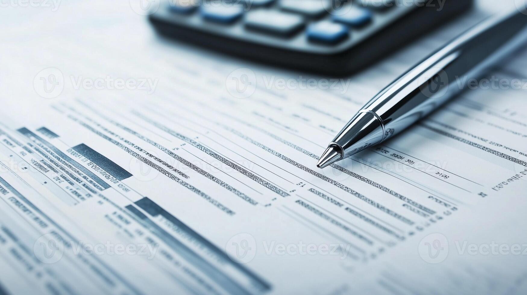 Close-up of financial documents with a pen and calculator for business analysis photo