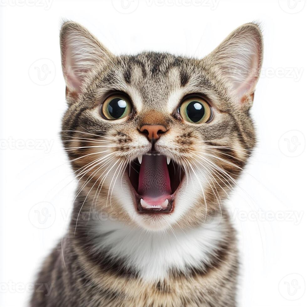 Playful close-up portrait of a tabby cat with wide eyes and open mouth, energetic and expressive animal image photo