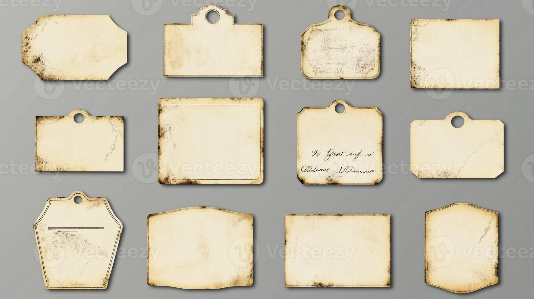 Collection of vintage blank paper tags with weathered edges and handwritten marks on a neutral background photo