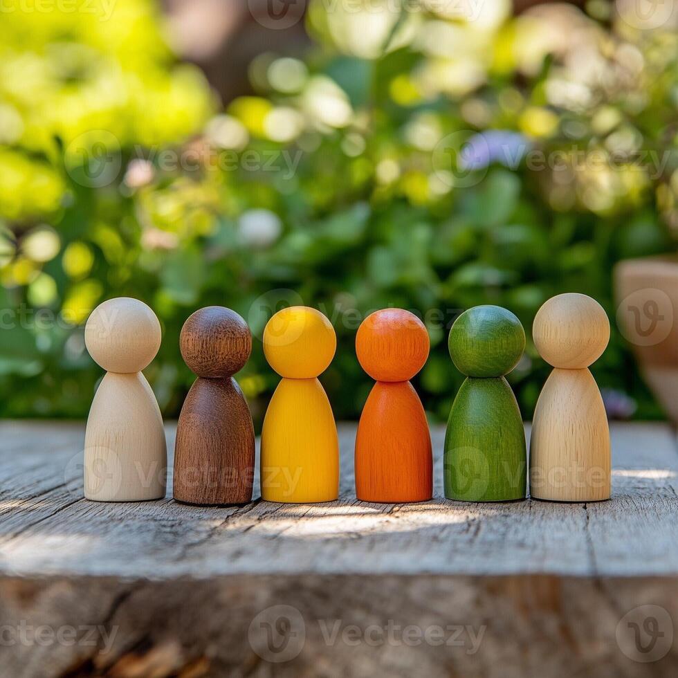 Wooden figures in a cheerful outdoor setting with colorful natural backdrop photo