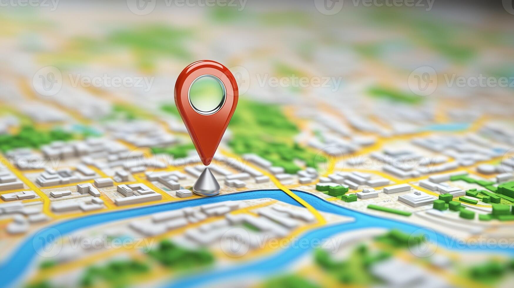 Location pin on city map indicating geographical location and navigation in urban environment with river photo