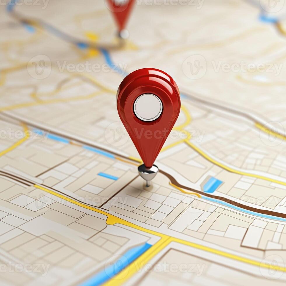 Red location pin on a detailed city map representing navigation, geography, and route planning for travel photo