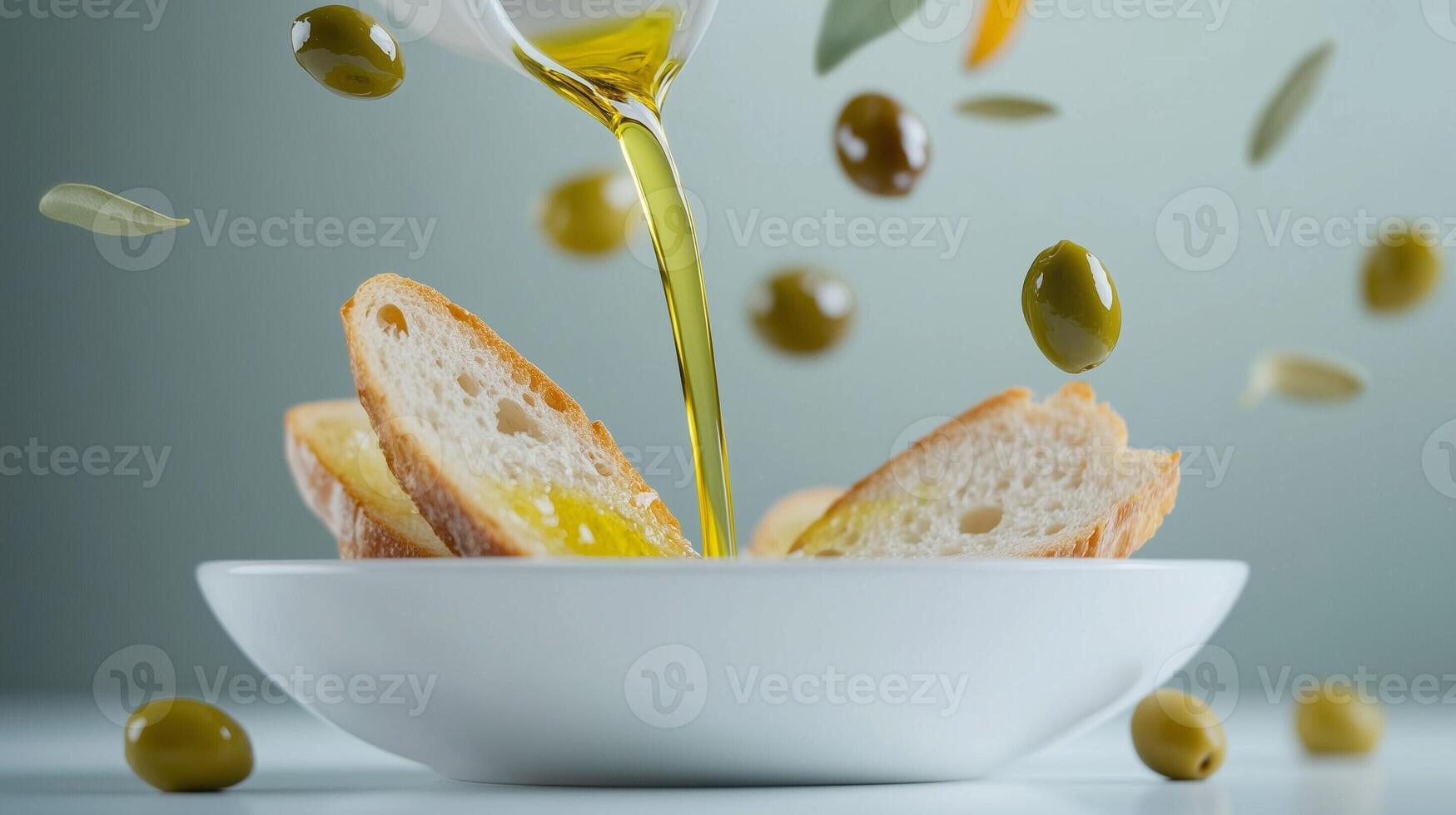 Olive oil pouring over bread slices with floating olives in motion in a clean culinary composition on a light background photo