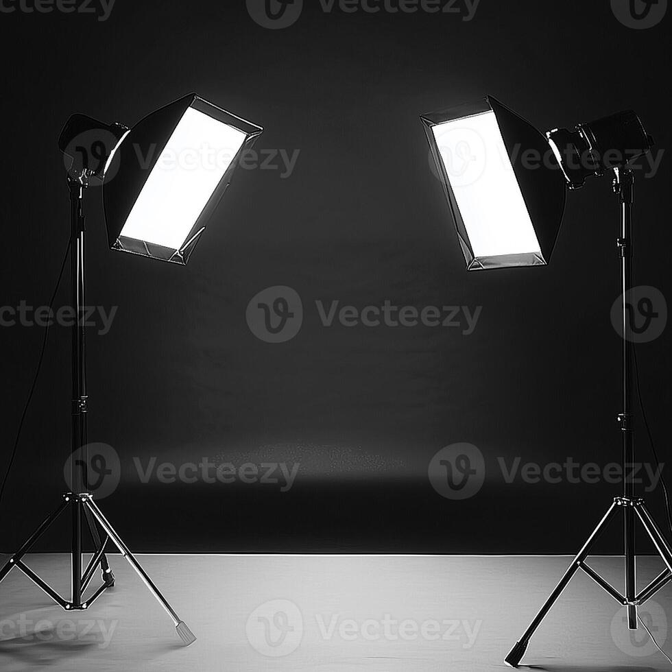 Professional photography studio with dual softbox lights and black background for high-contrast lighting setup photo