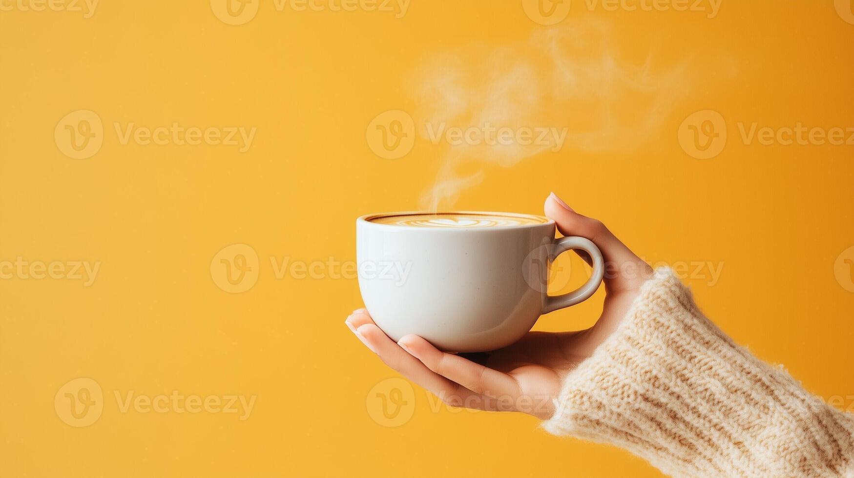 Hand holding a steaming cup of coffee against a bright yellow background with cozy sweater in a minimalist design photo