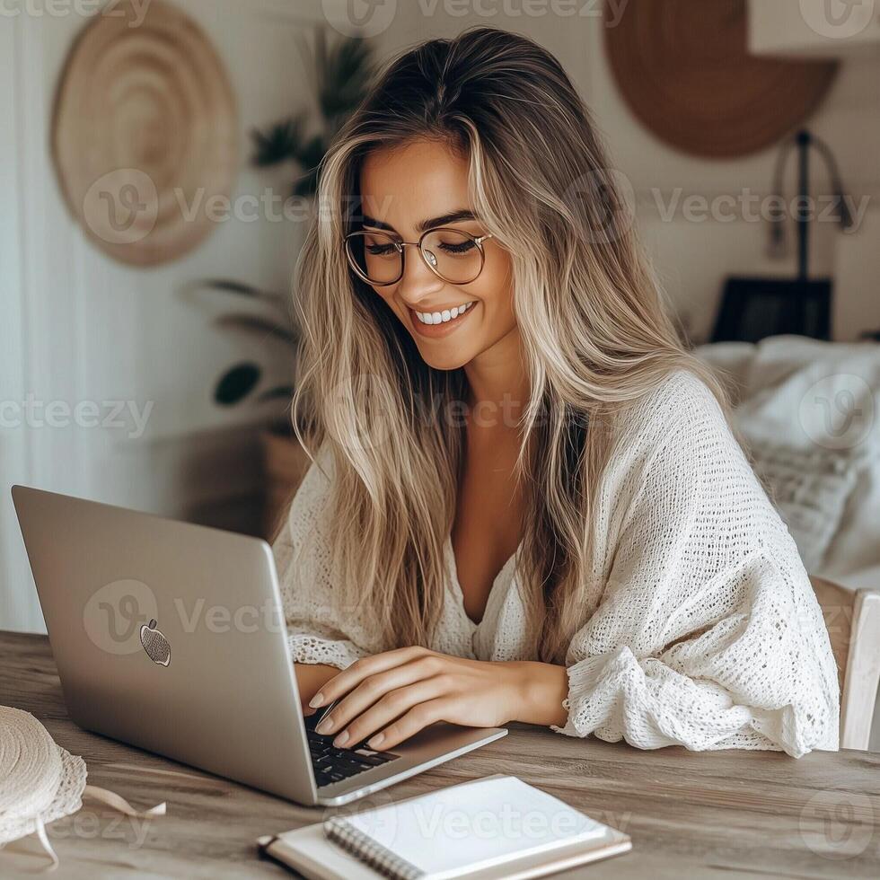Smiling young woman with glasses working on a laptop in a cozy home office, surrounded by minimalist decor and notebooks photo