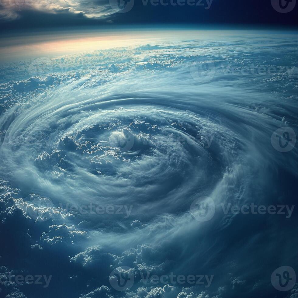 High-altitude view of a massive rotating cyclone over the ocean with swirling clouds and powerful winds photo