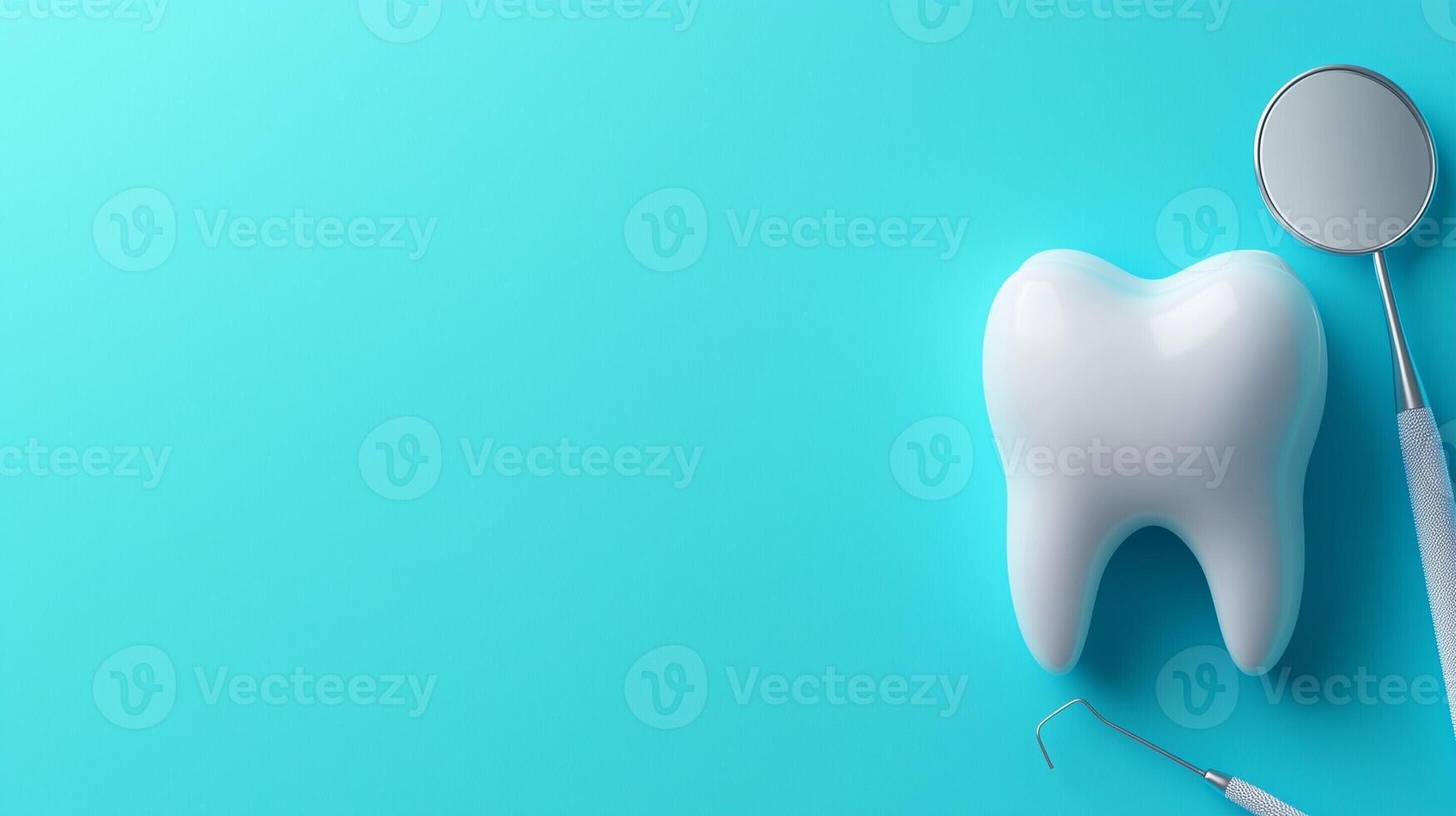 3D render of a tooth with dental mirror and scaler on a turquoise background for oral health care photo