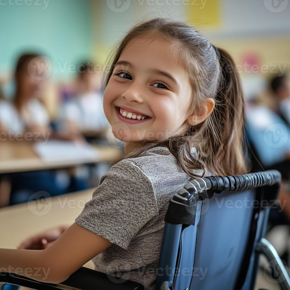Smiling young girl in a wheelchair enjoying her time in a classroom setting, representing inclusion and positivity photo