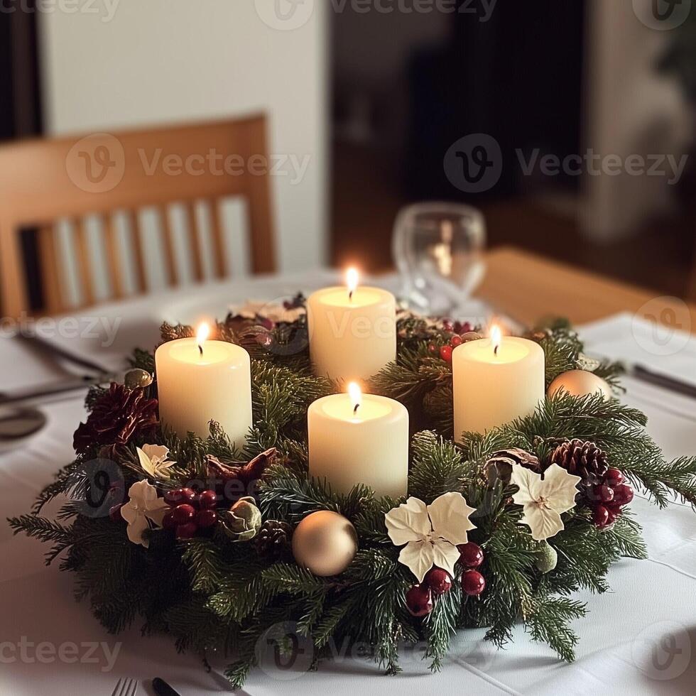 Elegant Christmas table centerpiece with glowing candles, pine cones, poinsettias, and festive ornaments, creating a cozy holiday atmosphere photo