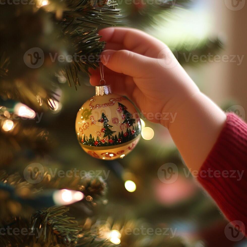 Child hanging a beautifully decorated Christmas bauble on the tree, creating a warm and festive holiday atmosphere photo