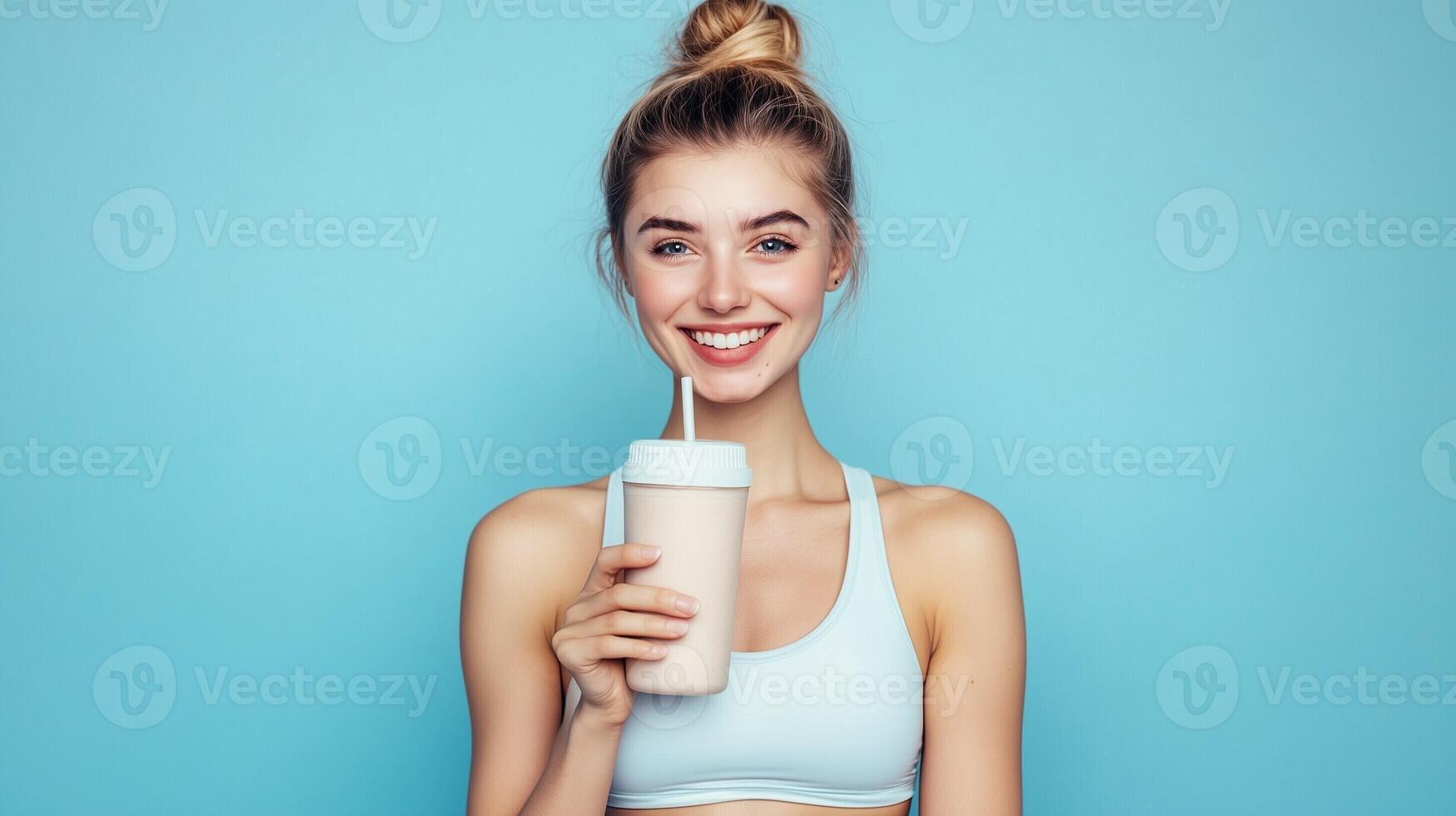 Smiling woman holding a protein shake against a bright blue background representing a healthy and active lifestyle photo