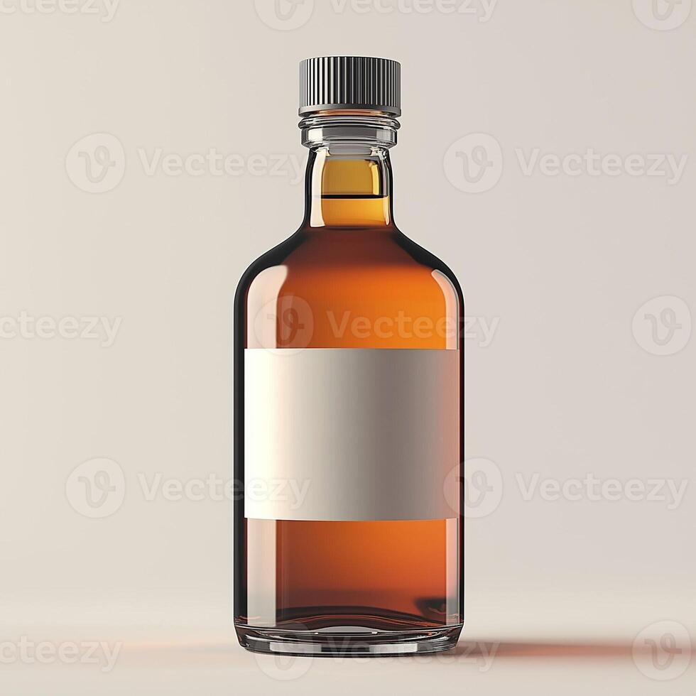 Glass bottle with amber liquid and blank label on a neutral background photo