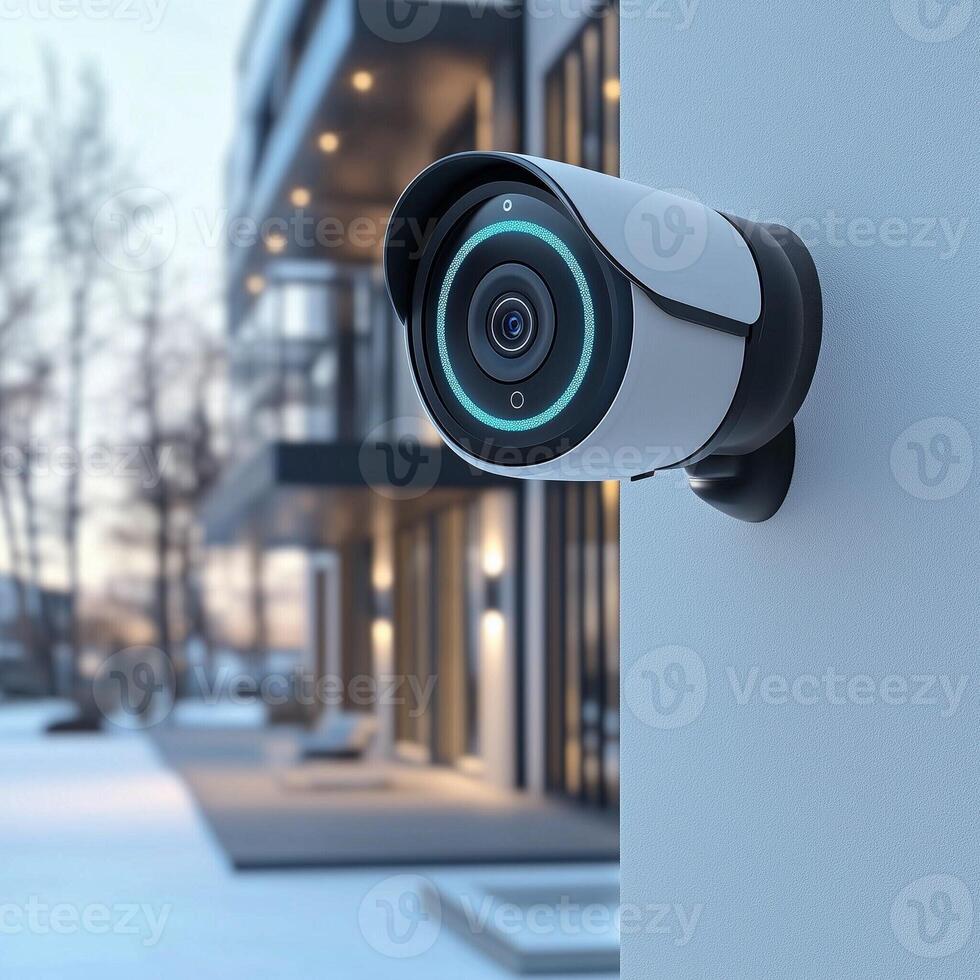 Outdoor security camera mounted on a wall, monitoring modern building with sleek design and advanced technology photo