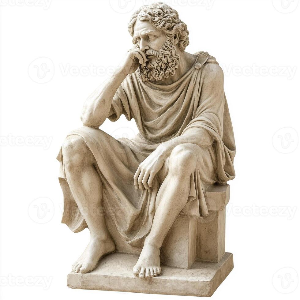 Classical sculpture of a seated, bearded man in a robe, deep in thought, detailed ancient style stone figure photo