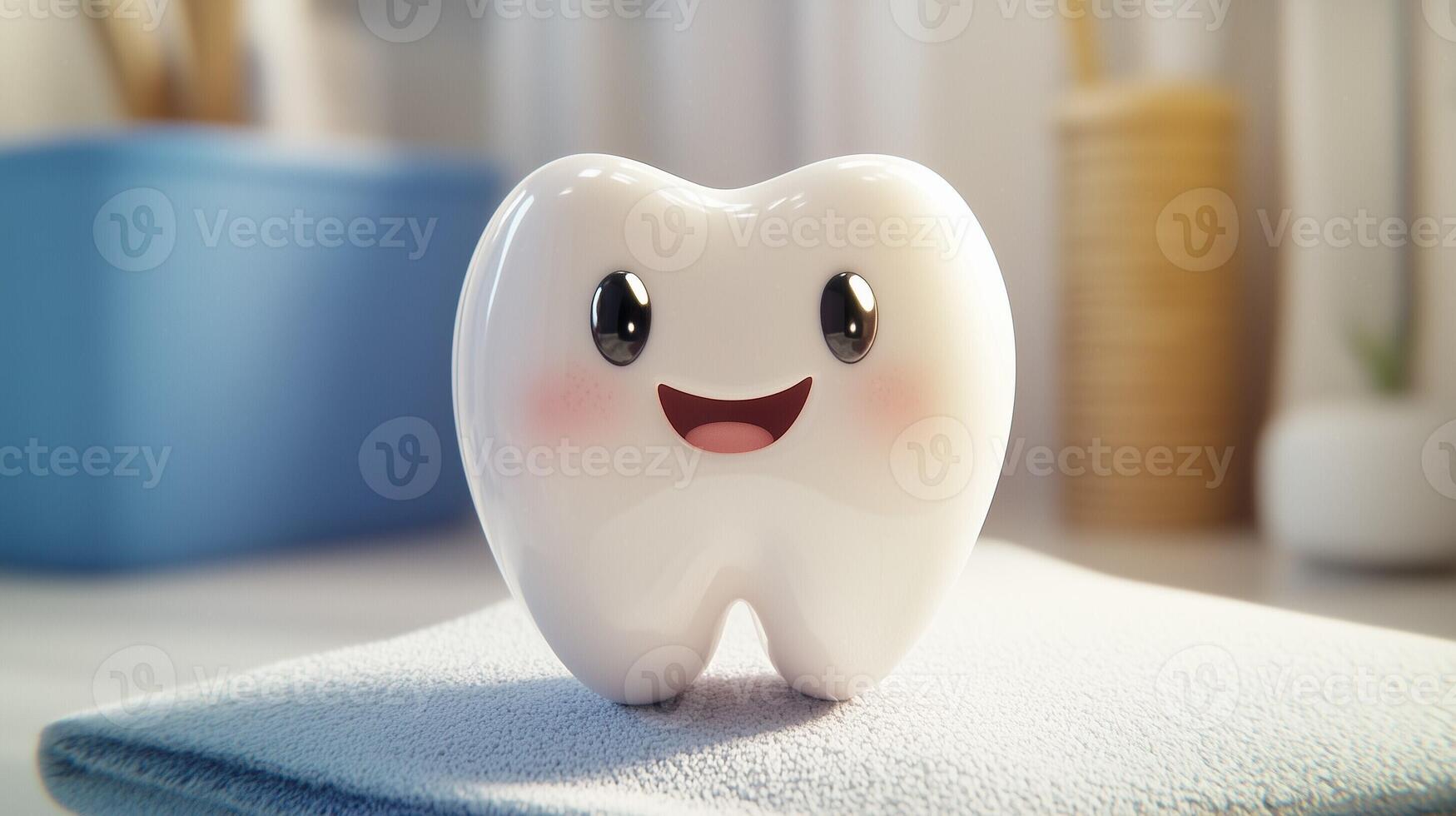 Happy cartoon tooth character with a wide smile sitting on a towel in a bright bathroom setting photo