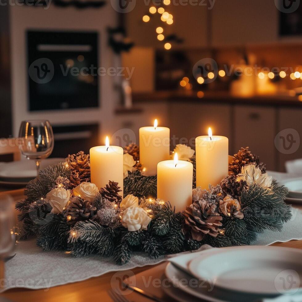 Cozy Christmas table centerpiece with glowing candles, pine cones, and festive greenery, creating a warm holiday atmosphere photo