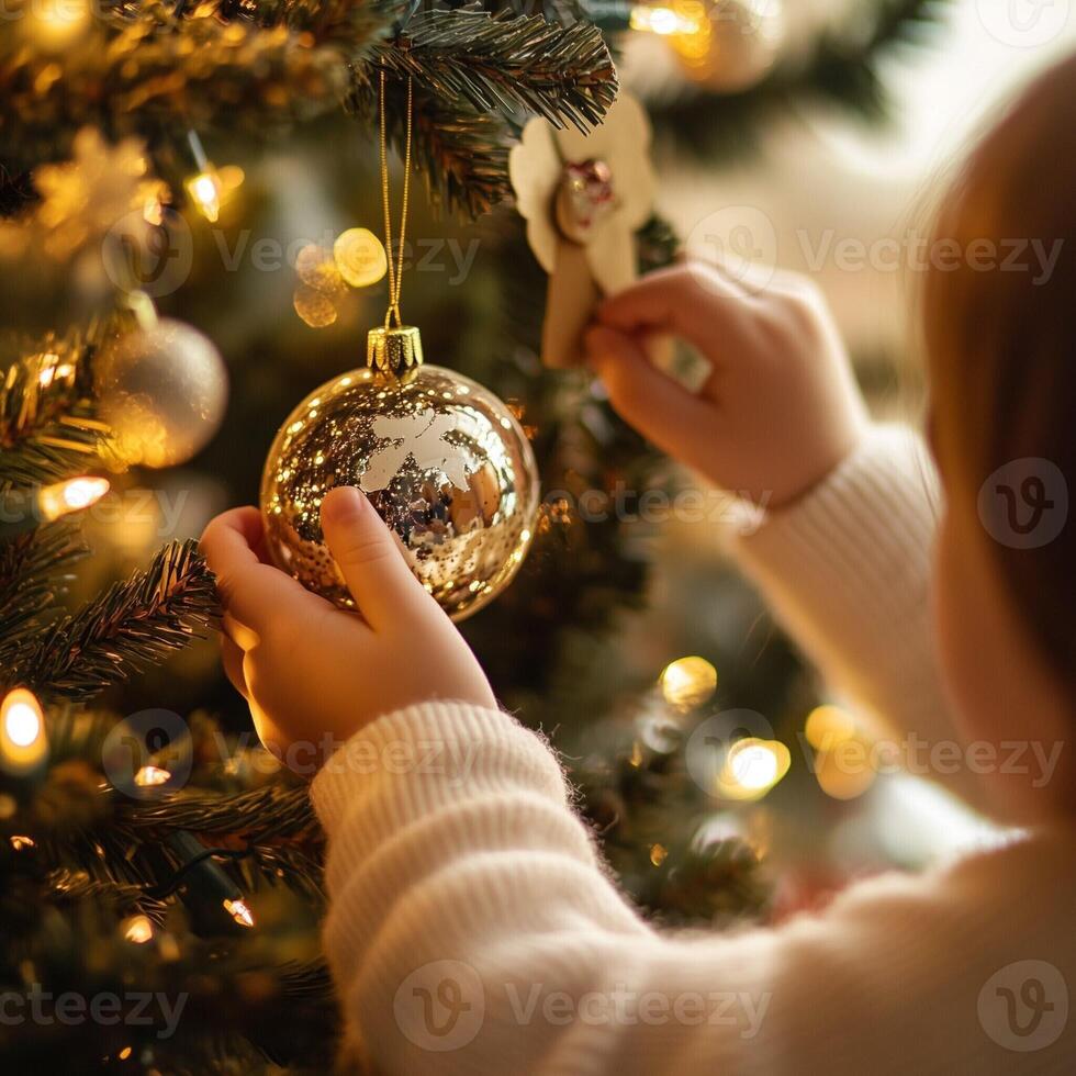 Child decorating a Christmas tree with a shiny ornament and angel figure, creating a warm and festive holiday scene photo