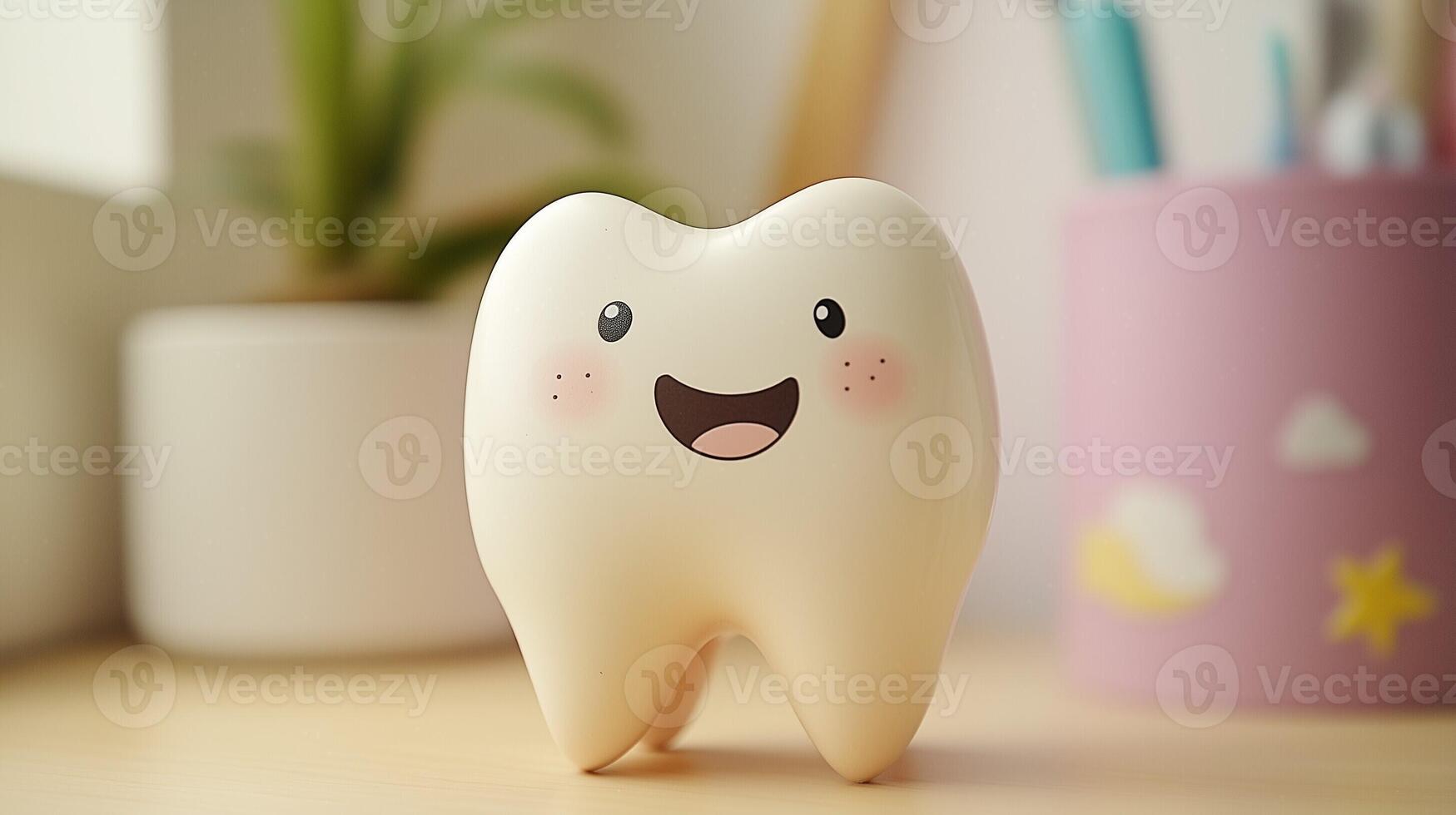 Cute cartoon tooth character with a big smile placed on a desk near dental tools in a bright room photo