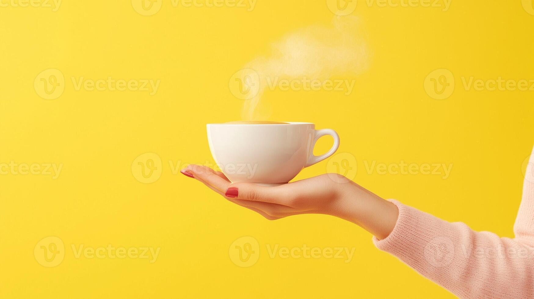 Hand holding a steaming white cup of coffee against a vibrant yellow background, creating a minimalist and modern design photo