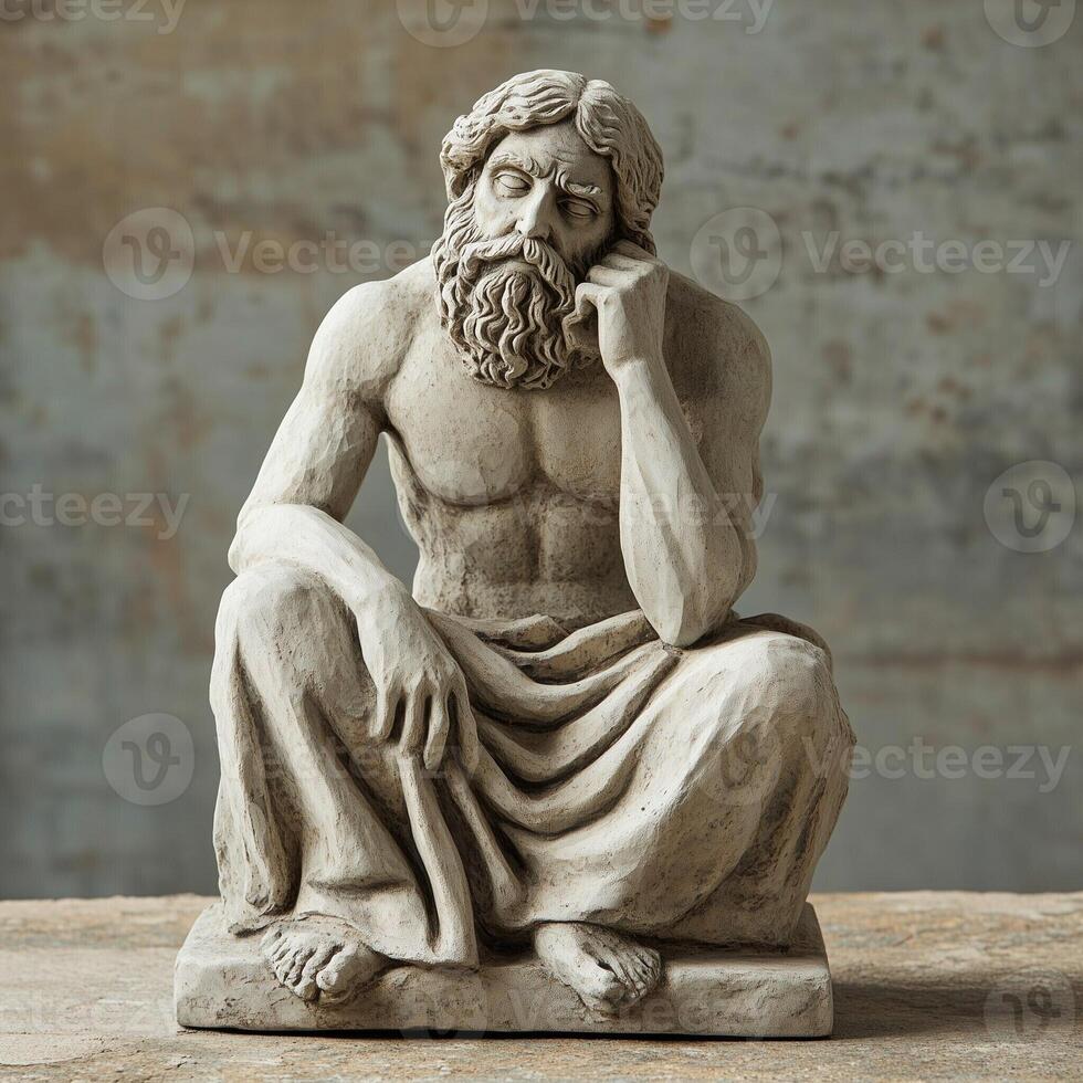 Ancient style sculpture of a seated, bearded man deep in thought, muscular and detailed stone carving art photo