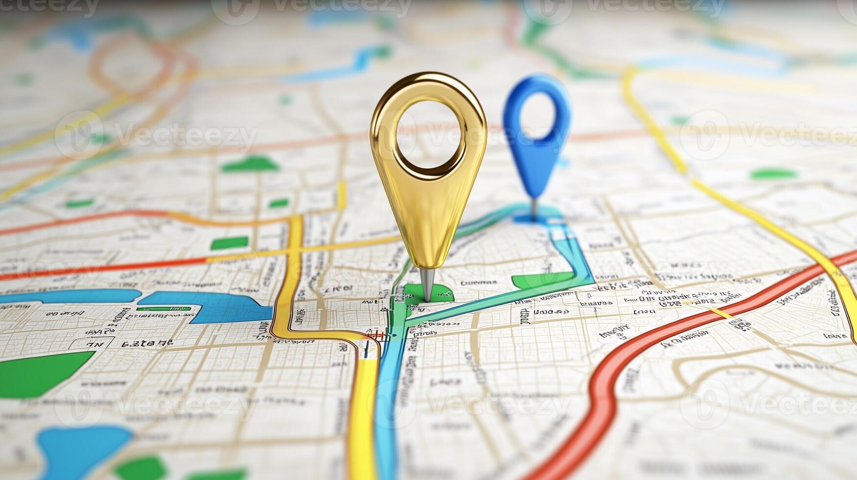 Two location pins on a city map illustrating navigation routes and geographic positioning for travel planning photo