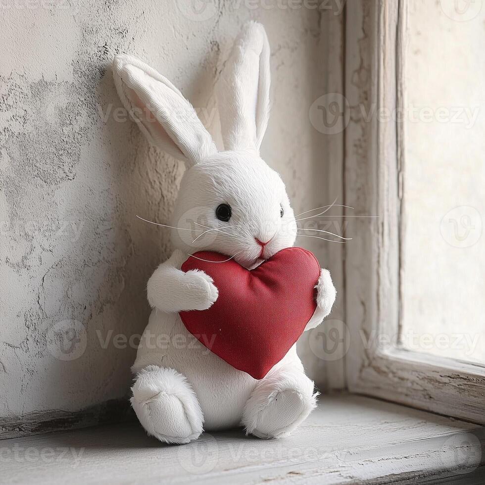 Sweet white bunny holding a red heart by a window, symbolizing love, tenderness, and affection in a cozy setting photo