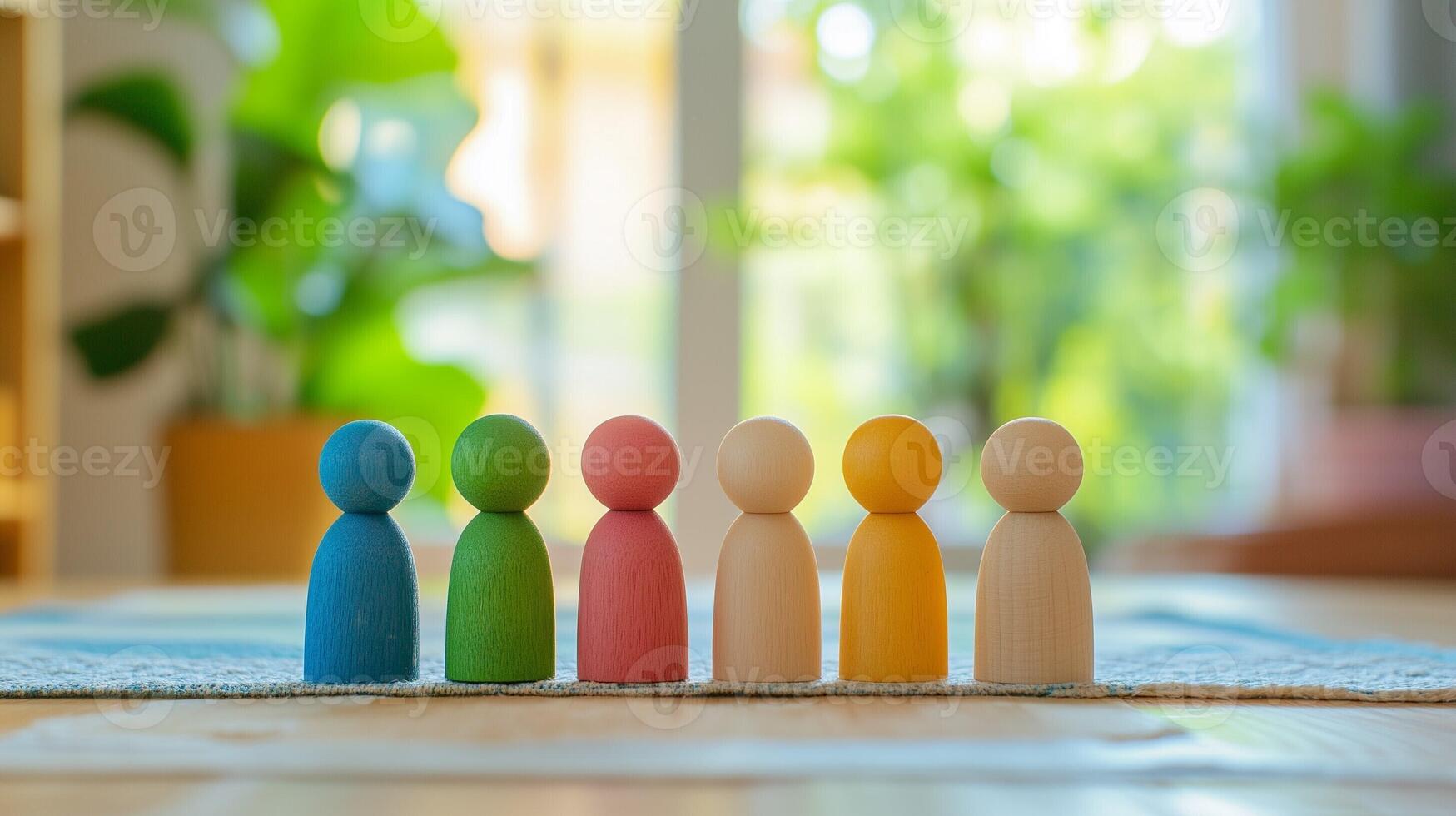 Colorful wooden figures in a cheerful indoor environment with soft natural lighting and blurred background photo
