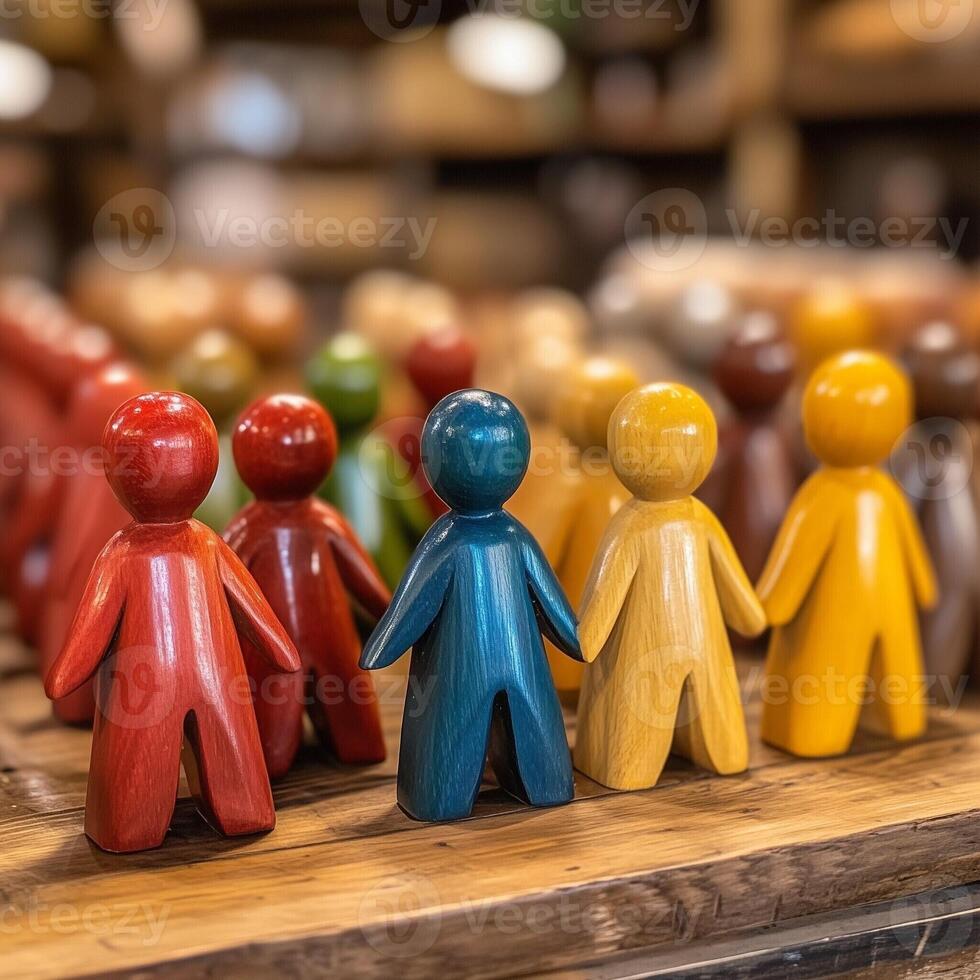 Colorful wooden figures arranged in rows on a wooden surface representing community photo