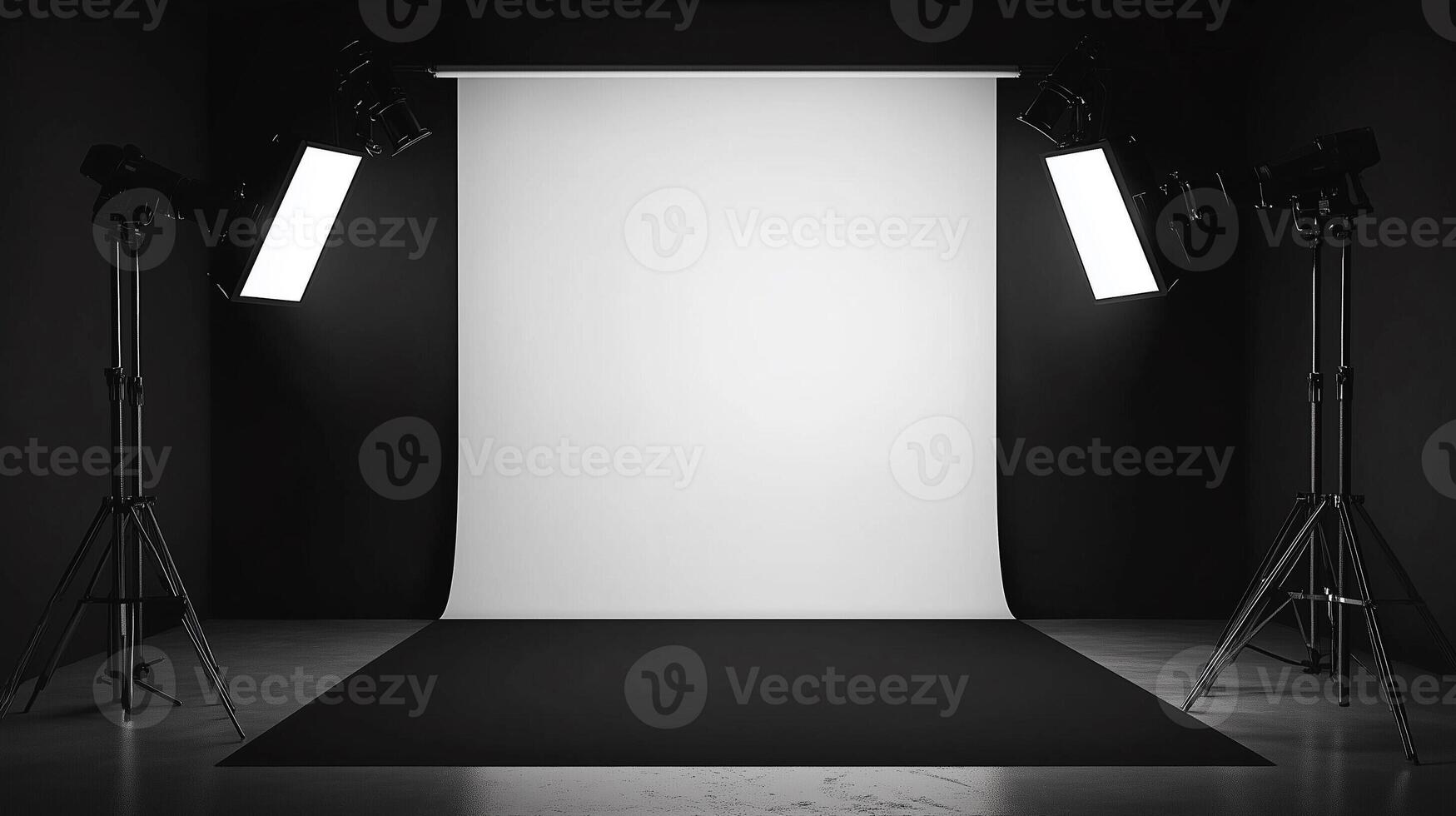Photography studio setup with white backdrop, lighting equipment, and softbox lights in a professional environment photo