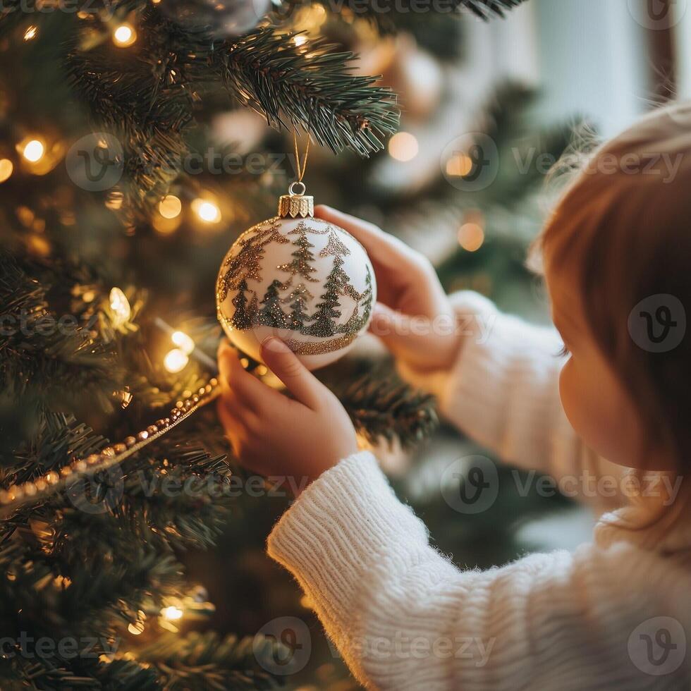 Child placing a forest-themed Christmas bauble on a decorated tree, creating a cozy and festive holiday scene photo